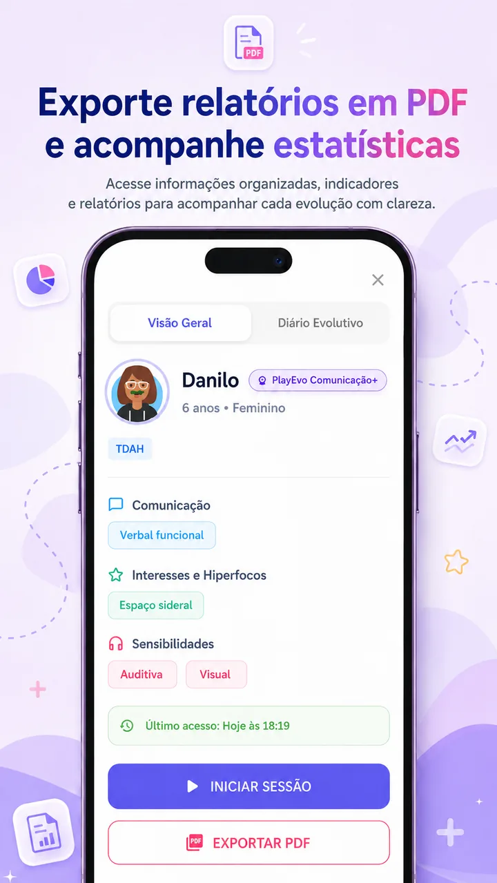 Tela de perfil e exportação do PlayEvo Kids com opção de exportar relatório em PDF e iniciar sessão