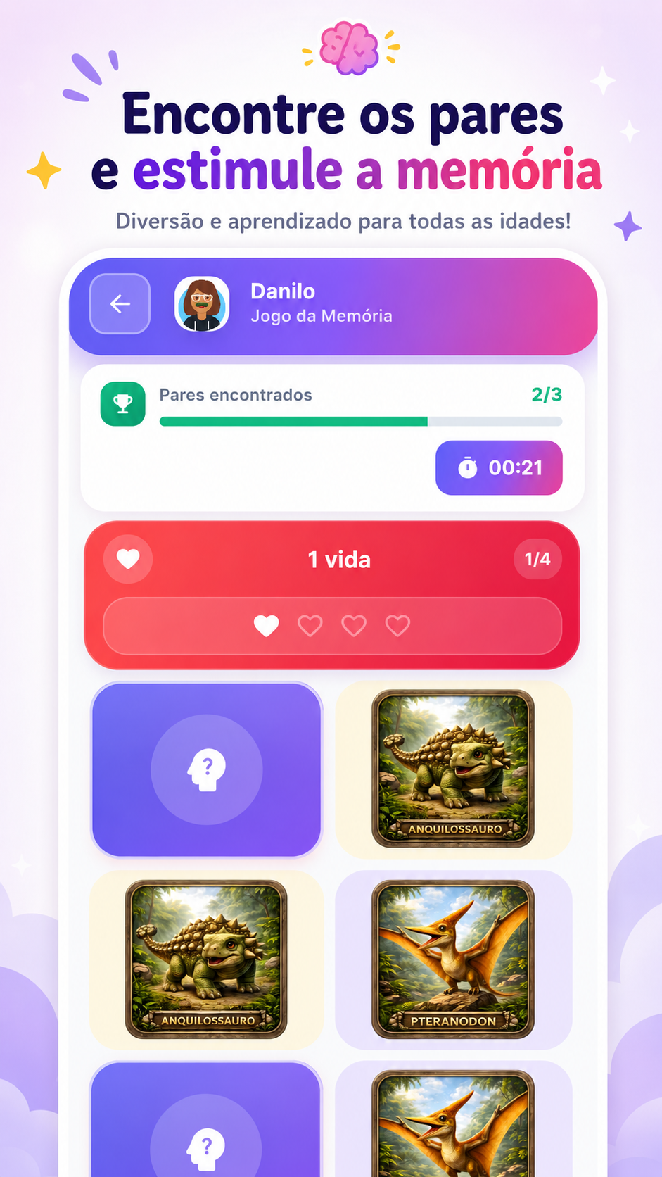 Tela do Jogo da Memória do PlayEvo Kids exibindo cartas para combinar e progresso da sessão